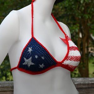 new hand made crochet knit bra america navy with stars and red and white stripes